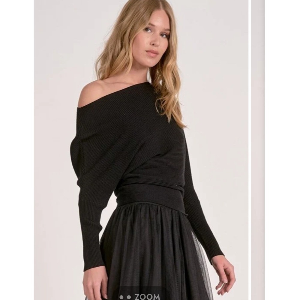 Elan Black Ribbed Off The Shoulder Dolman Sleeve Knit Sweater NWT